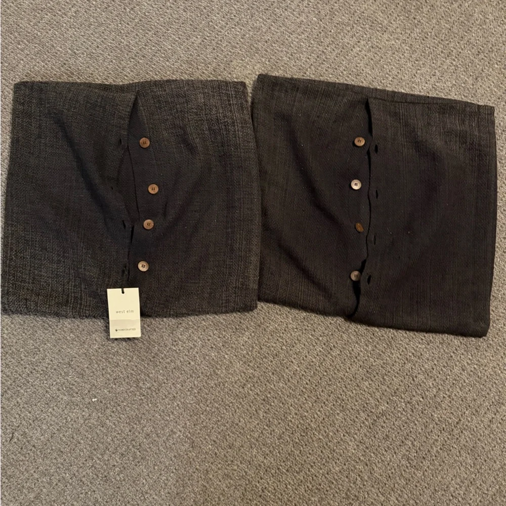 2 West Elm silk cotton pillow cases black 20” square button distressed shams